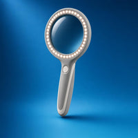 VISOLUZ magnifier, front view with the 37 LEDs on, blue studio background