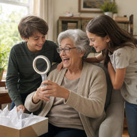 Grandchildren surprising their grandmother with the VISOLUZ magnifier